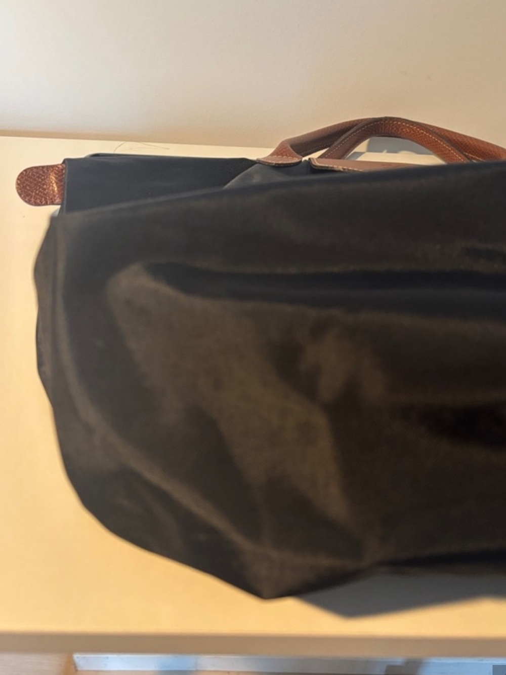 Longchamp Le Pliage Medium Black Tote with Brown Trim - Picture 3 of 5